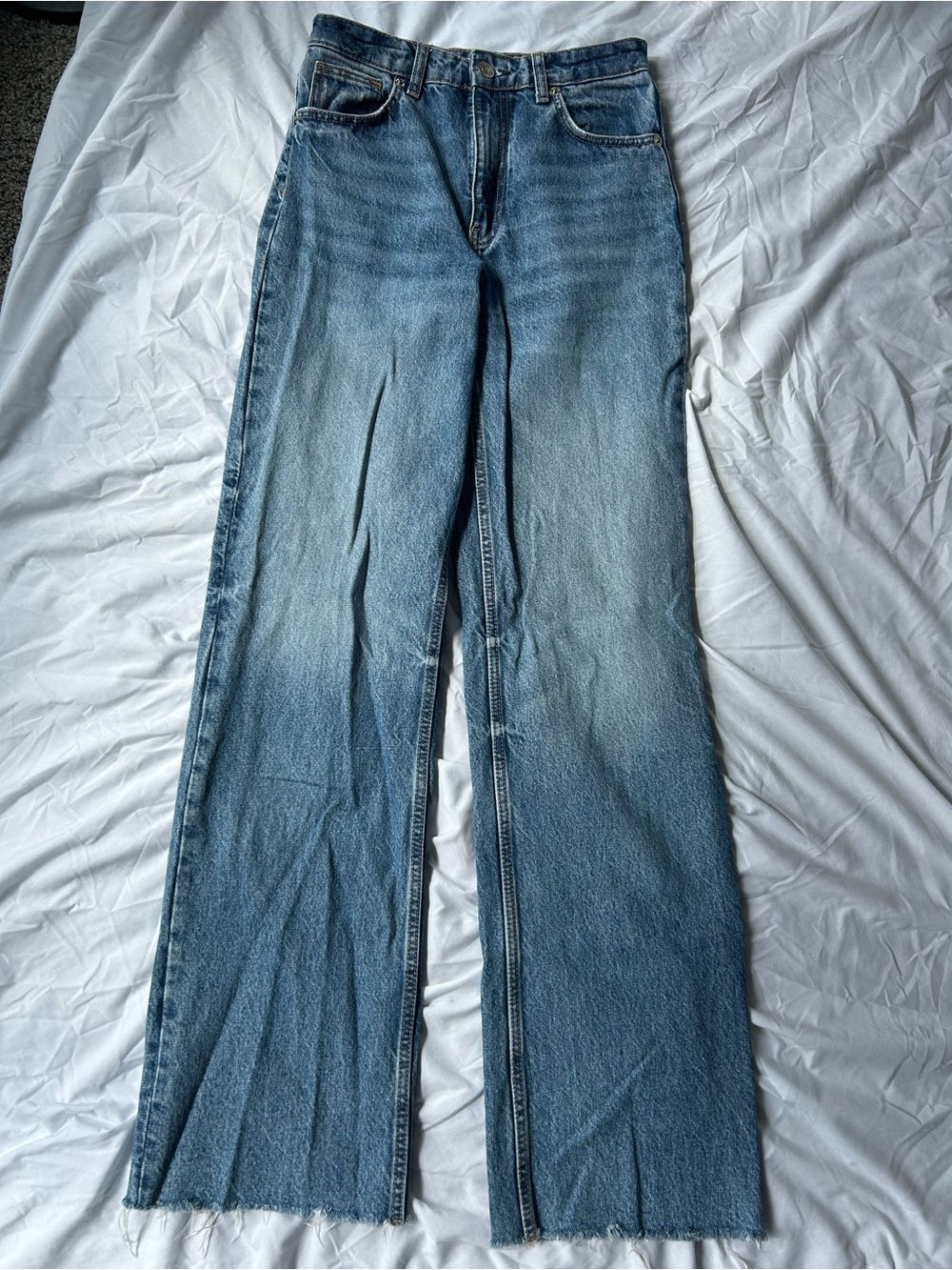 Zara High Waisted Distressed Cuff Wide Leg Medium Wash Women’s Jeans